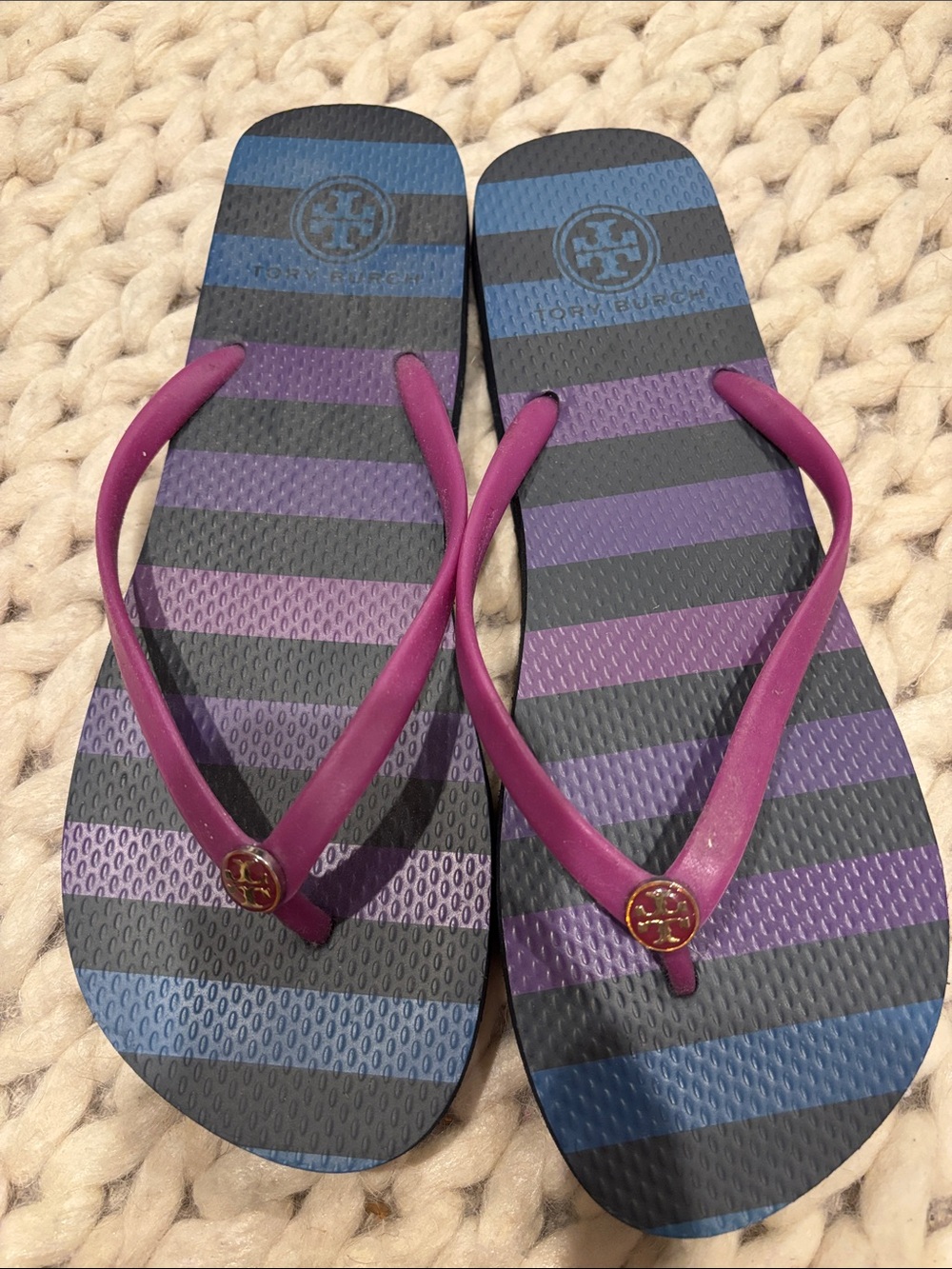 Tory Burch Striped Flip Flops with Magenta Straps